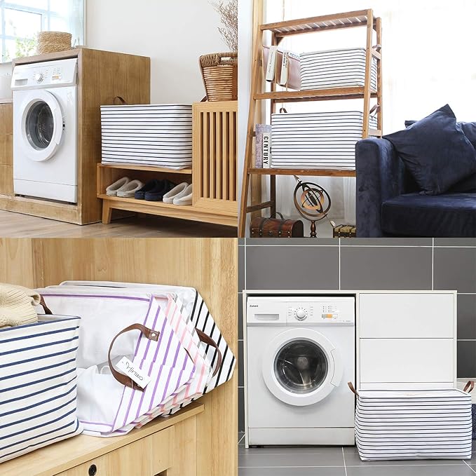 Hinwo 70L Extra Large Storage Bins, 4-Pack Closet Organizers and Storage, Foldable Clothes Storage Baskets with Handles, Containers for Clothing, Blanket, Comforters, Toys, Bedding (Navy Stripe)