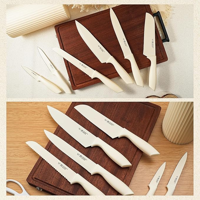 Knife Set, 8-Piece Kitchen Knife Set for Chef, Sharp Knife Set with Universal Knife Block, Anti-Rust Kitchen Knife Block Set, Ergonomical Design (Beige)