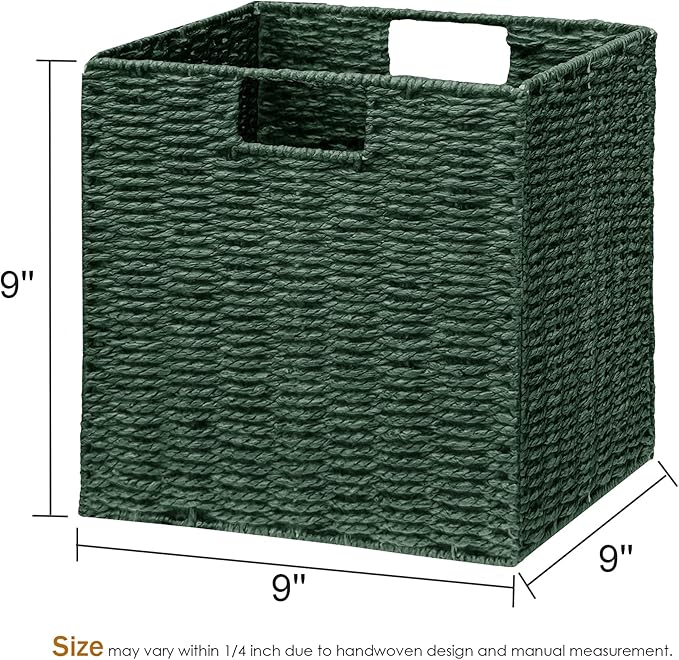 Vagusicc Wicker Storage Basket, Set of 2 Hand-Woven Paper Rope Wicker Basket, Foldable Cube Storage Bins, 9 inch Square Storage Baskets for Organizing Shelves & Decor, Green (9″×9″×9″)