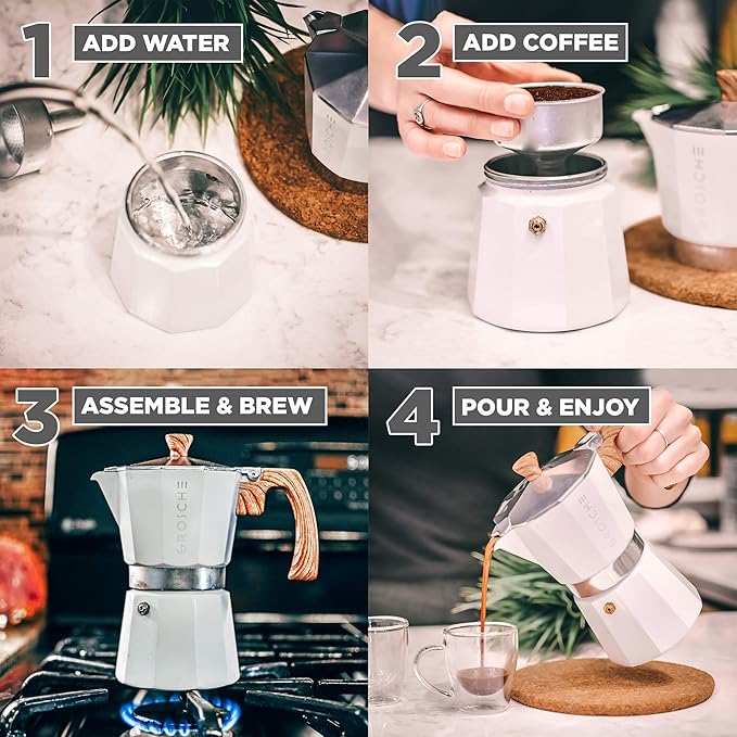 GROSCHE White Milano Stovetop Espresso Maker, 6 Cup – Premium Italian Coffee Maker, Classic Design, Durable Aluminum, Ideal for Coffee Lovers, Holiday Coffee Gift, Espresso Maker for Home Baristas