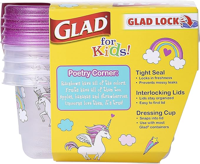 Glad for Kids GladWare Snack Containers with Unicorn Design | BPA-Free Plastic Food Storage, 24oz 4 Count with Dressing Cups | Microwave & Dishwasher Safe, Pink, Plastic