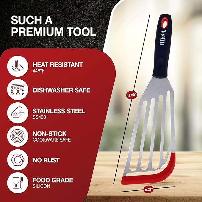 Fish Spatulas, Stainless Steel with Heat-Resistant Silicone Tips, Non-Scratch Design for Non-Stick Cookware, Slotted Silicone Spatulas for Frying, Flipping Fish and Eggs.