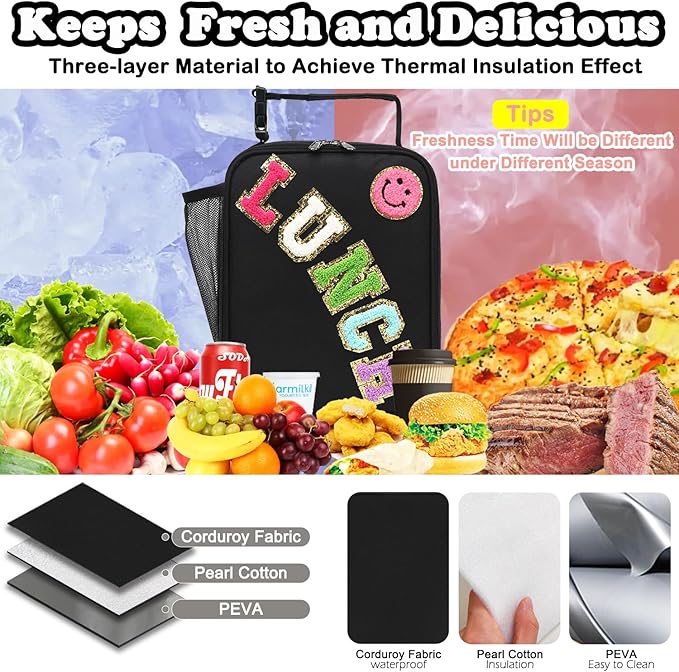 FlowFly Lunch box Insulated Soft Bag Mini Cooler Back to School Thermal Meal Tote Kit With Buckle and Mesh Side Pocket for Girls, Boys, BlackWithLetter