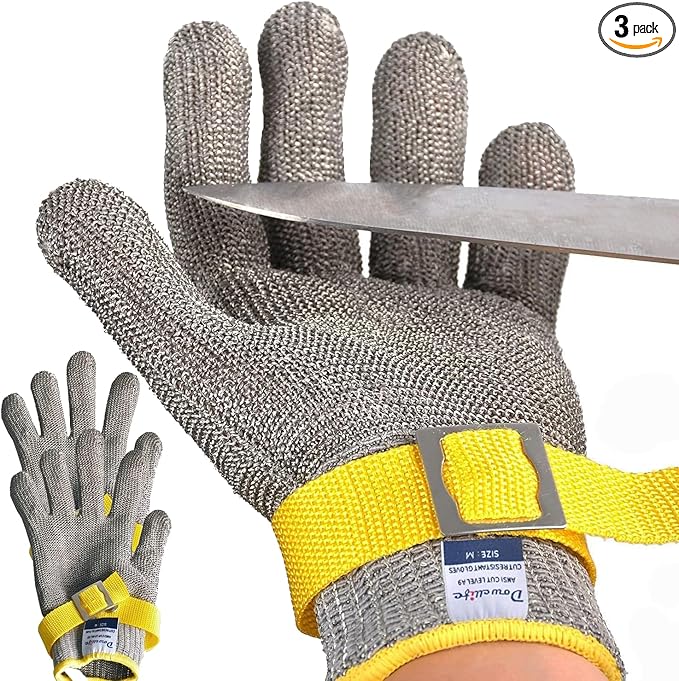 Dowellife Comfortable ANSI A9 Cut Resistant Glove Food Grade, Mesh Metal Kithcen Glove for Chef Oyster Shucking Mandoline Knife Butcher Meat Cutting(Medium-3 Pcs)