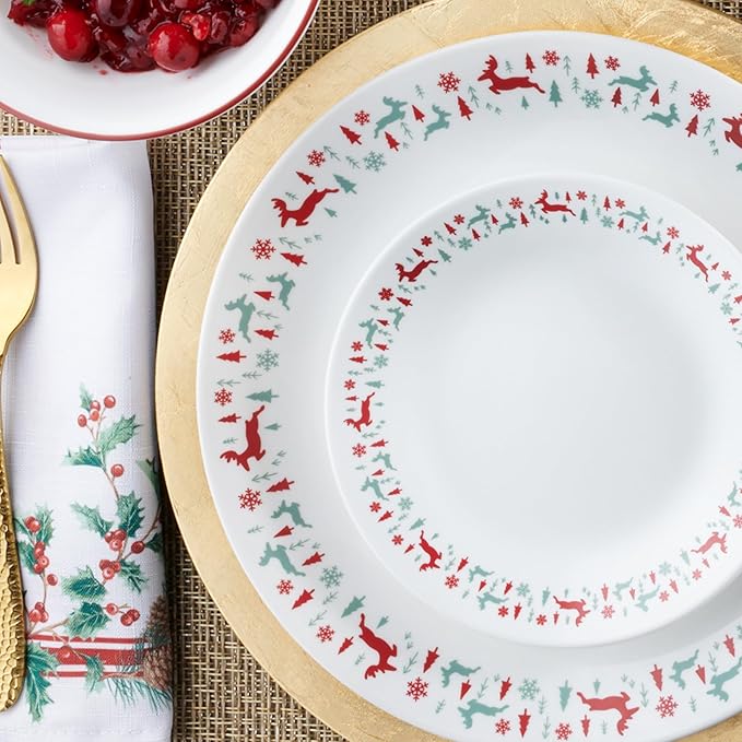 Corelle Vitrelle 18-Piece Christmas Service for 6 Dinnerware Set, Triple Layer Glass and Chip Resistant, Lightweight Round Holiday Plates and Bowls Set, Be Merry