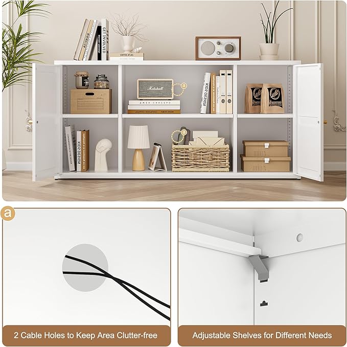 Metal TV Stand for 65 Inch TV, Farmhouse TV Entertainment Center with Storage Cabinets and Adjustable Shelves, Modern Media TV Console Table, TV Cabinet for Living Room, Bedroom, White