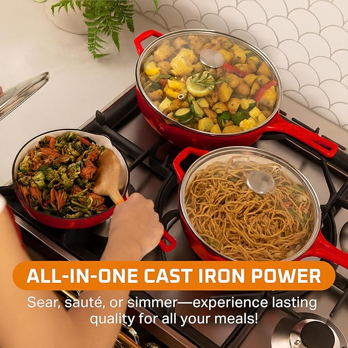 Bruntmor Set of 3 Enameled Cast Iron Skillets - Includes 8, 10, and 12 Inch Cast Iron Pan with Ceramic Nonstick Coating and Tempered Glass Lid - Durable Cookware for Frying, Baking, and Grilling - Red
