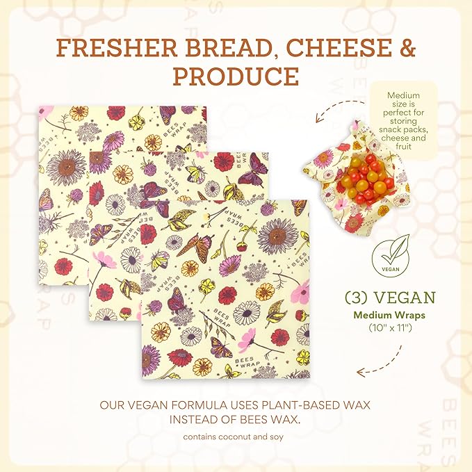 Bee's Wrap Vegan Beeswax Wraps for Food - Meadow Magic Medium 3 Pack Made in USA Reusable & Organic Food Wraps, Sandwich Wrap & Bowl Covers - Eco-Friendly Alternative to Aluminum Foil & Plastic Wrap