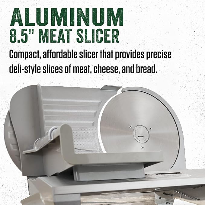 LEM Products 8 ½ Inch Aluminum Electric Meat Slicer Machine, Includes Two Stainless Steel Blades, Serrated and Fine, Silver