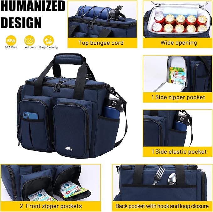 MIER Lunch Box for Men Heavy Duty Insulated Lunch Bag 20 Cans Large Leakproof Soft Cooler Bags with Multiple Pockets for Picnic Work Travel (Navy Blue)