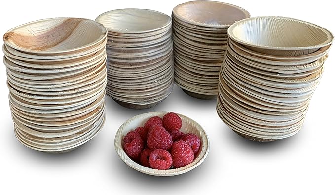 Raj Disposable Palm Leaf Bowls (100 Count, 4" Bowls) Strong Bowl Like Bamboo Party Bowl - Decorative Compostable Tableware for Lunch, Dinner, Birthday, Outdoor, BBQ, Picnic, Parties