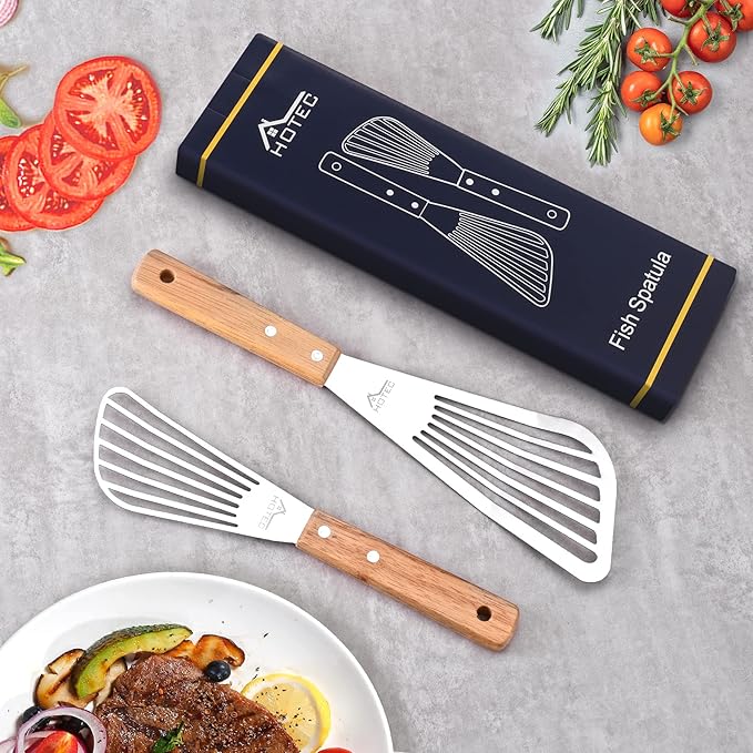 HOTEC 2pcs Stainless Steel Wooden Handle Fish Spatula, Metal Spatula Flipping Foods