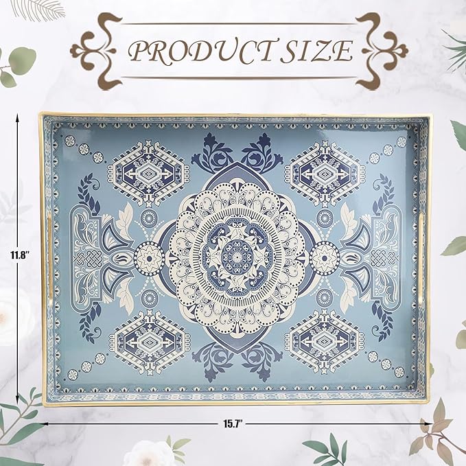 Rectangle Plastic Serving Tray with Handles, Elegant Decorative Tray for Coffee Table, Ottoman, Living Room, Kitchen, Outdoor Use. 12"*16"*1.6" B