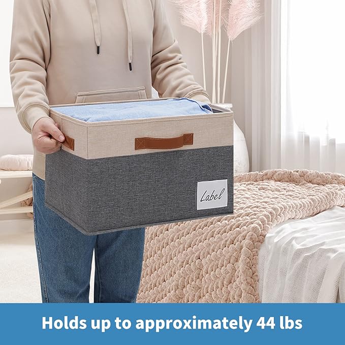 GhvyenntteS Large Storage Bins with Lids 6 Pack, Large Closet Storage Bin with Lid and 3 PU Handles, Foldable Fabric Storage Boxes with Label Window for Home Office (Beige, 15" x 11" x 9.7")