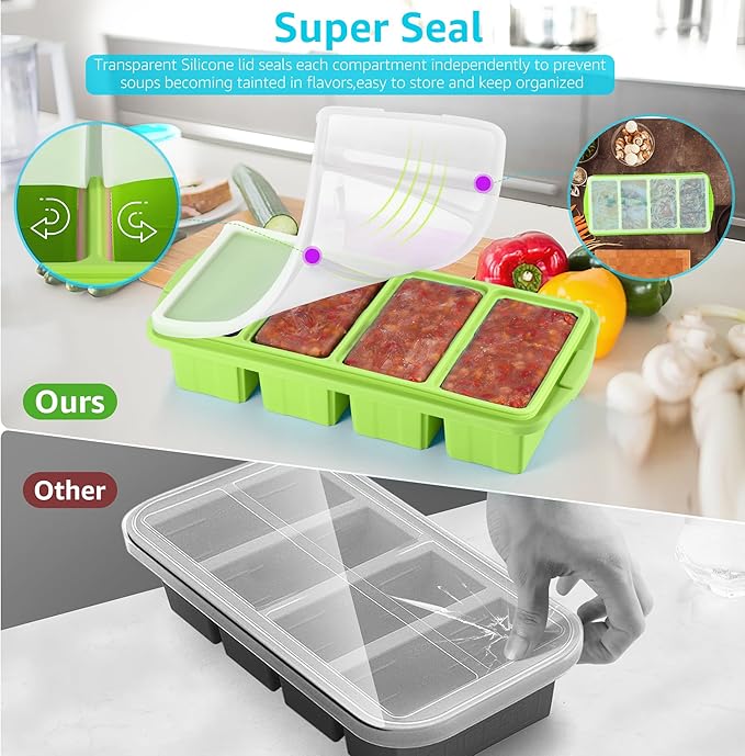 Silicone Freezer Tray With Lid - Silicone Freezer Food Molds- Large Ice Cube Tray,Silicone Freezer Container,Freeze & Store Soup, Sauce, Broth,Leftovers - Makes 4 Perfect 1 Cup