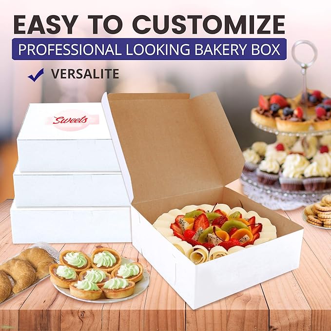 Fit Meal Prep 250 Pack White Bakery Boxes, 7 x 7 x 3 Inches Kraft Lined Pastry Boxes - Perfect for Cupcakes, Chocolates, Donuts and More