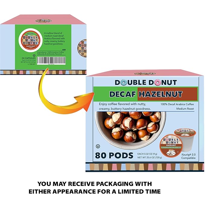 Double Donut Coffee Flavored Decaf Coffee, Decaf Hazelnut Coffee, Decaf Coffee Pods for Keurig K Cups Machines, Medium Roast, 80 Count (Pack of 1)