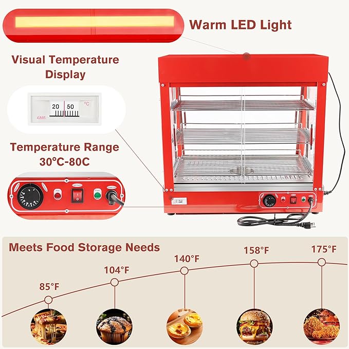 Whalefall 3-Tier Food Warmers Countertop, 27 inch Commercial Warm for Food Pizza Warmer w/ 3D Heating with Stainless Frame Sliding Glass Doors Pastry Display Case for Buffet Restaurant,Red