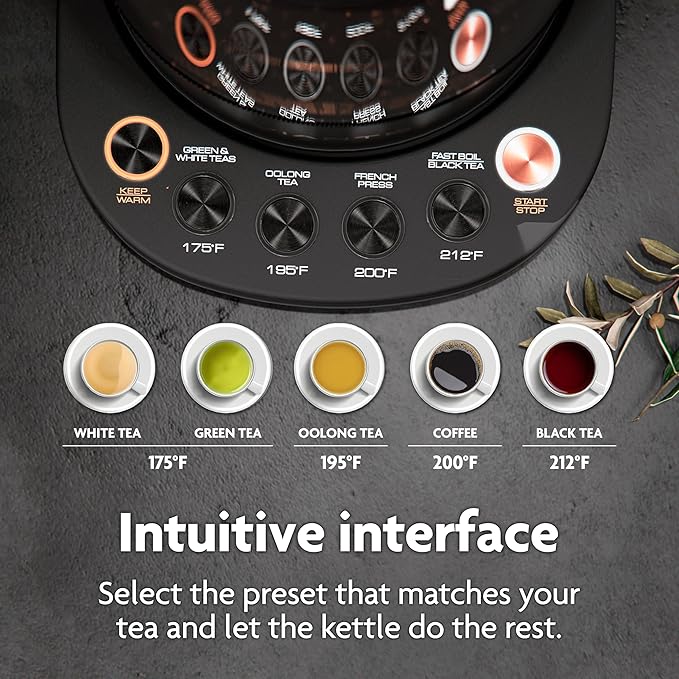 Vianté Electric Kettle With Infuser For Loose Leaf. Hot Tea Maker With Temperature Control And Automatic Shut Off. Tea Kettle With Brewing Programs. 1.5 Liters Capacity | Black Color