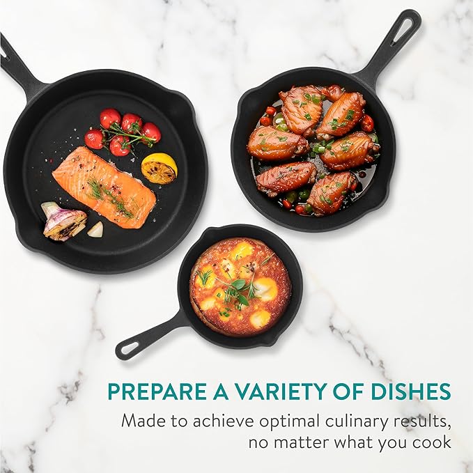 Navaris Cast Iron Skillet, 3 Pieces - Durable 15cm/20cm/25cm Cast-Iron Pan Set - Excellent Heat Retention, Ideal for Frying, Searing, and Sautéing - All-in-one Cookware Pot Set