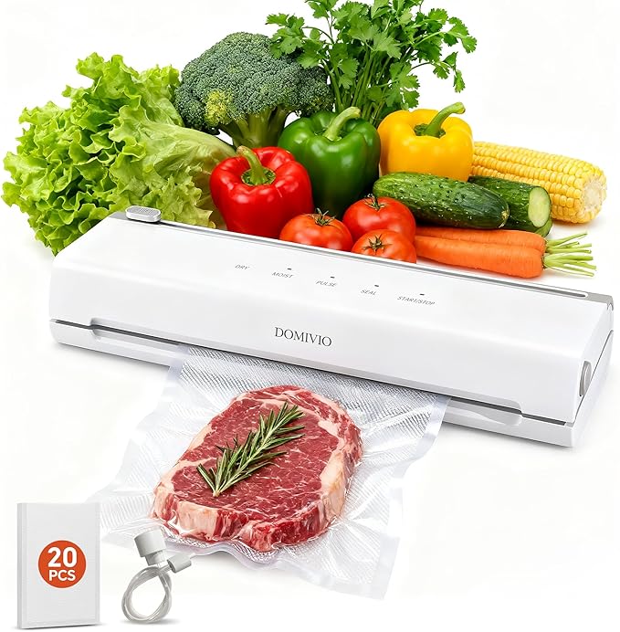 Vacuum Sealer Machine for Food, 65KPa Strong Suction Food Vacuum Sealer with Cutter, Dry & Moist Modes, Compact Food Saver Vacuum Sealer with 20 BPA-Free Bags, Easy to Use & Clean