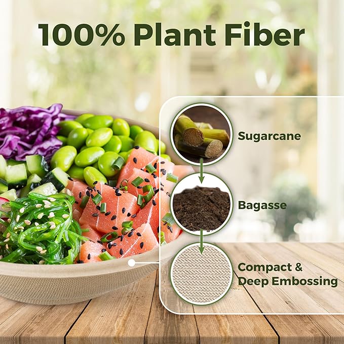[1000 Count]Sugarfiber by Harvest 22oz Round Bowls PFAS Free with PLA coating - Compostable Heavy-Duty Eco-Friendly Disposable Bagasse Bowl Sugarcane made plant fibers for Meal Prep