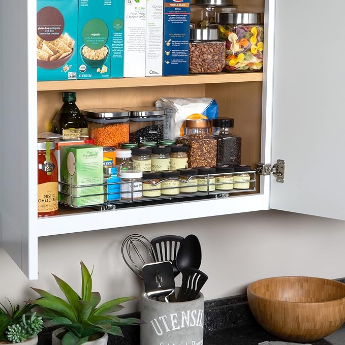 Pull Out Cabinet Organizer for Spices, Cans - Heavy Duty with Lifetime Limited Warranty- Pull Out Spice Rack- Cabinet Pull Out Shelf for Cans,Dishes, Etc, 20-3/8"Wx 10-1/2"D x 2-3/4” H, Chrome