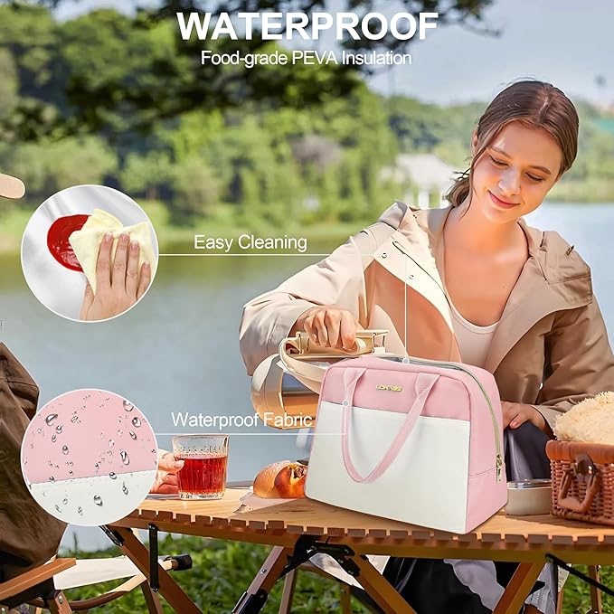 LOKASS Lunch Bag for Women-Insulated Adults Lunch Box with Front Pocket- Small Cute Lunch Tote for Work-Reusable Cooler Bag for Office Picnic Beach or Travel (Pink