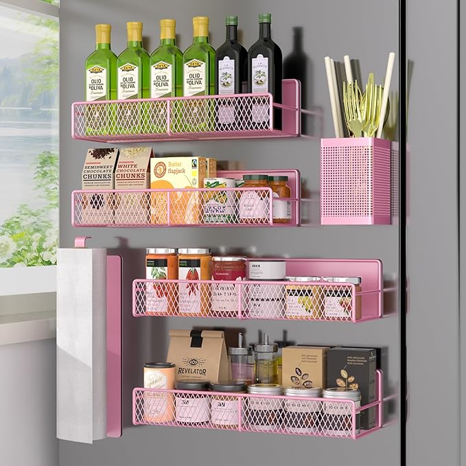 Magnetic Spice Rack for Refrigerator, 6 Pack 100% Metal Strong Magnet Shelf, Space Saving Spice Organizer, Home Kitchen Laundry Room Storage Organization W/ Paper Towel Holder, Utensils Racks (Pink)