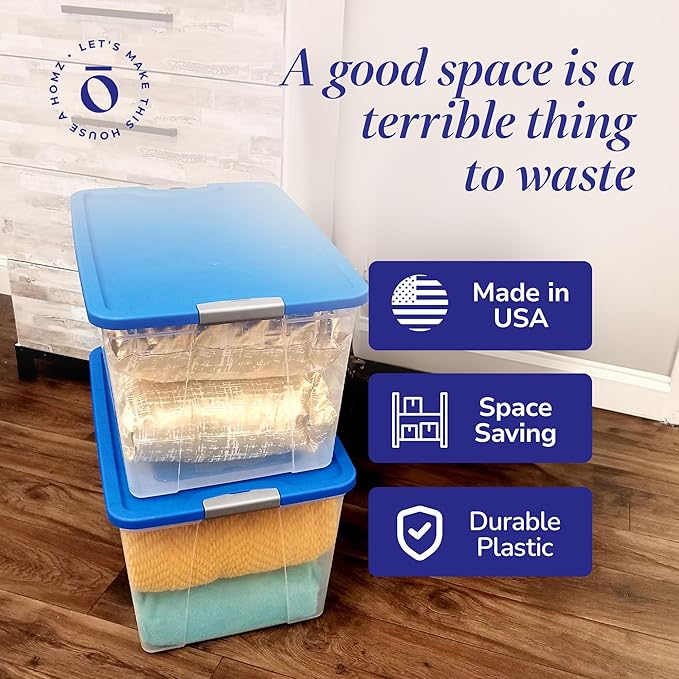 HOMZ 2-Pack Secure Latch, Clear Plastic Storage Organizer Bins, 64 Quart, Blue Lid - Stackable Container Boxes for Bedroom, Bathroom, Garage, and Office Organization