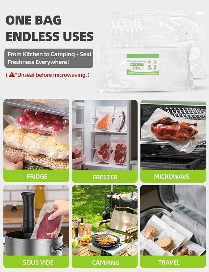Vacuum Sealer Bags, Reusable Vacuum Zipper Bag, BPA Free Heavy Duty Vacuum Storage Bag for Food 15 Bags (15 Medium Bags (10.24x11.02 in))