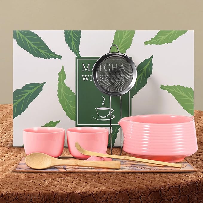HELPLX Matcha Whisk Set 10-Piece Japanese Matcha Kit with BowlWhisk & Holder2 Tea CupsBamboo ScoopSpoonSifterScoop Rest & Tea Towel – Pink Matcha Tea Set for Ceremony or Daily Use