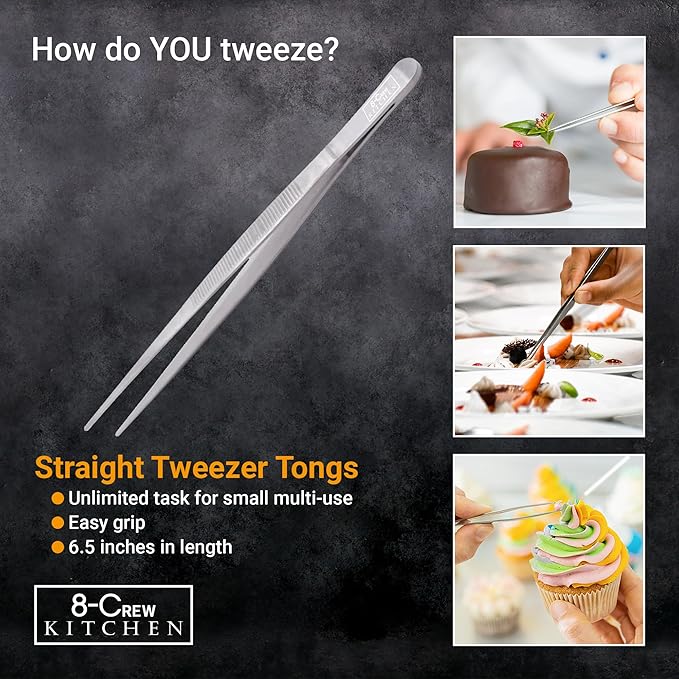 8-CREW KITCHEN Culinary Stainless Steel Tweezers, 6-inch Set of 3 Chef Precision Tongs for Plating, Decorating, Food Design, Bar and Multi-Purpose