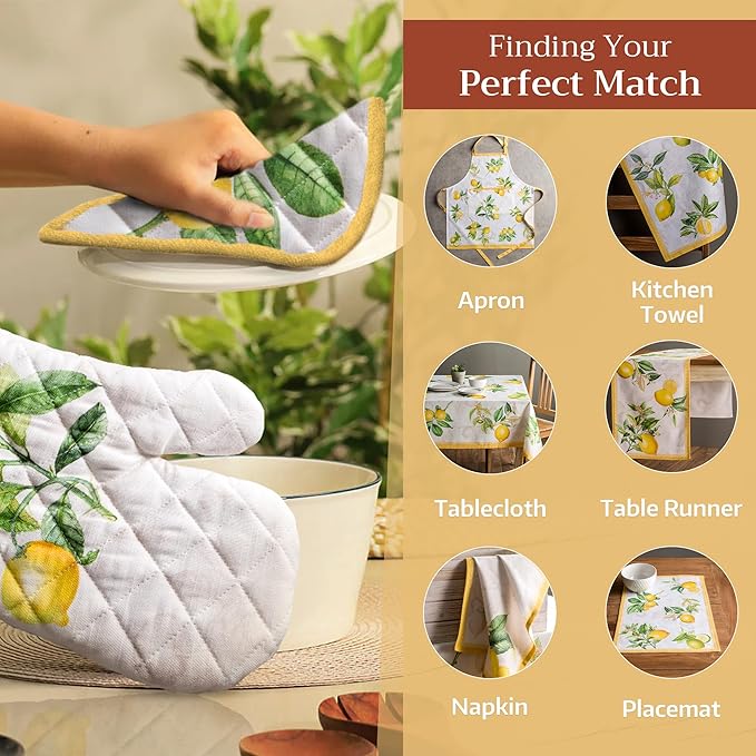 Maison d' Hermine Pot Holders Set 100% Cotton Heat Resistant Potholders 8" x 8" Hot Pads with Loop BBQ, Cooking, Baking, Grilling, Kitchen, Handling Hot Pans Spring/Summer (Pack of 2, Limoncello)