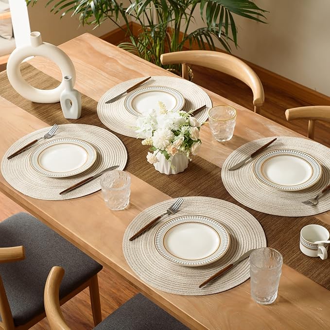 FunWheat Round Braided Placemats Set of 6 Easy Clean Place mats for Dining Tables Woven Heat Resistant Washable Table Mats 15 inches(Beige)