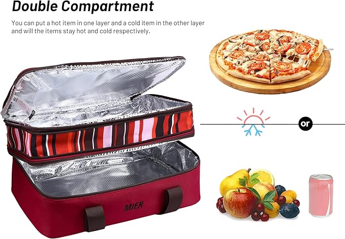 MIER Insulated Double Casserole Carrier Thermal Lunch Tote for Potluck Parties, Picnic, Beach, Fits 9 x 13 Inches Casserole Dish, Expandable by Mid Zipper, Burgundy