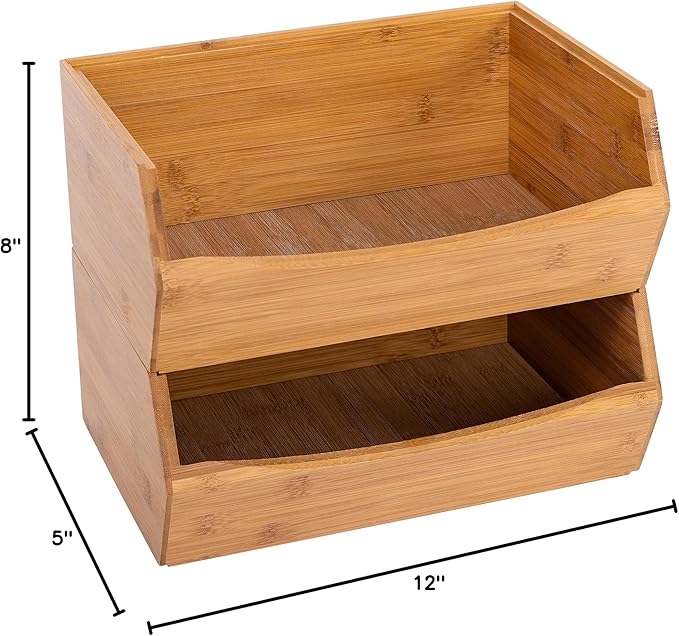 Seville Classics Bamboo Premium Organizer Storage Bins for Kitchen Silverware, Pantry, Closet, Office Desk, Pens, Utensils, Makeup, K Cup, Bamboo, Stackable Bin Set (2 Piece)