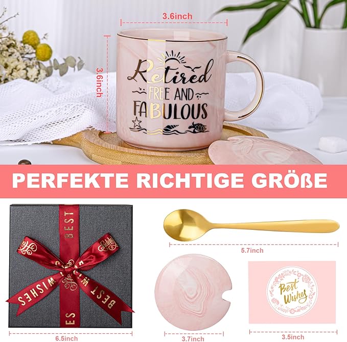 Retirement Gift for Woman 2025 - Retirement Gifts for Women, Coworker Leaving, Farewell, Going Away, Goodbye Gifts, Retired Free And Fabulous -14oz Pink Marble Coffee Mug, Gift Box