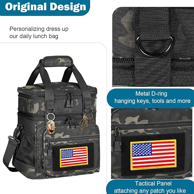 Double Deck Insulated Lunch Box, Expandable Large Lunch Bag Leakproof Cooler Bag Lunch Pail for Men Women Adults Work Shifts Travel Daytrip,16L,Black-Camo