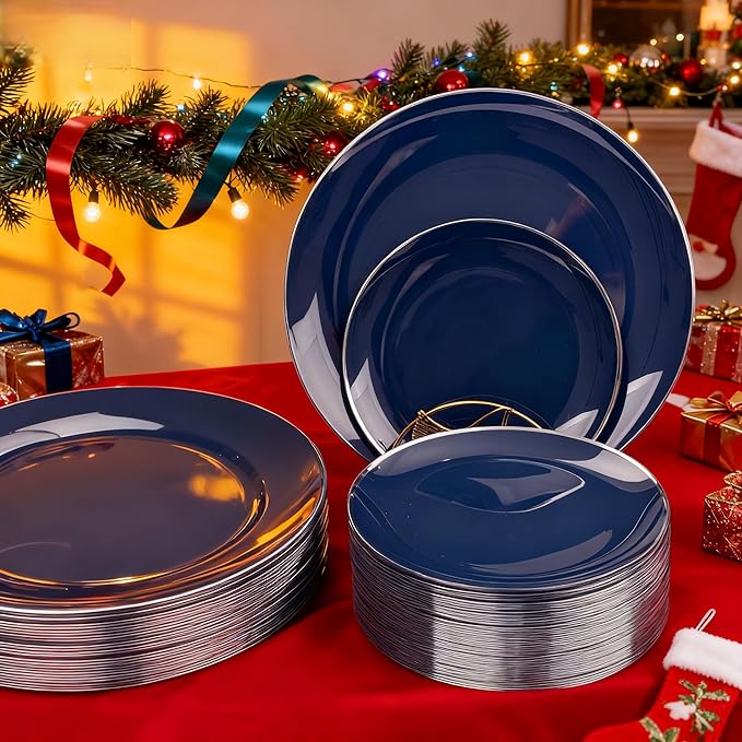 KIRE 200PCS Blue Plastic Plates with Silver Rim - Navy Blue Plastic Plates Include 100 Dinner & Dessert Plate - Heavy Duty Dark Blue Disposable Plate for Parties/Wedding