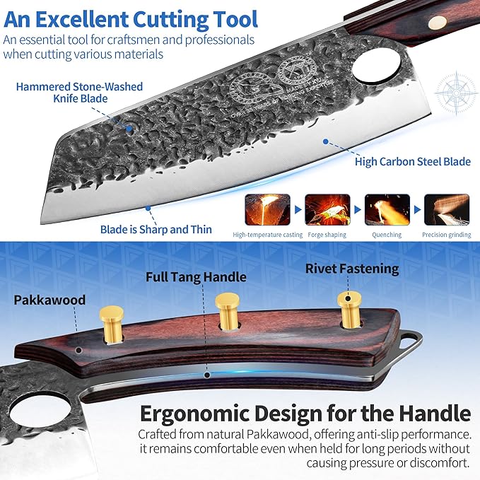 XYJ Authentic Since 1986,Knife Block Set,High Carbon Steel Blades,Full Tang Knives Set with Magentic Knife Block, Honing Steel,Scissors,Cut Resistant Gloves,Utility Vegetable Kitchen Knives