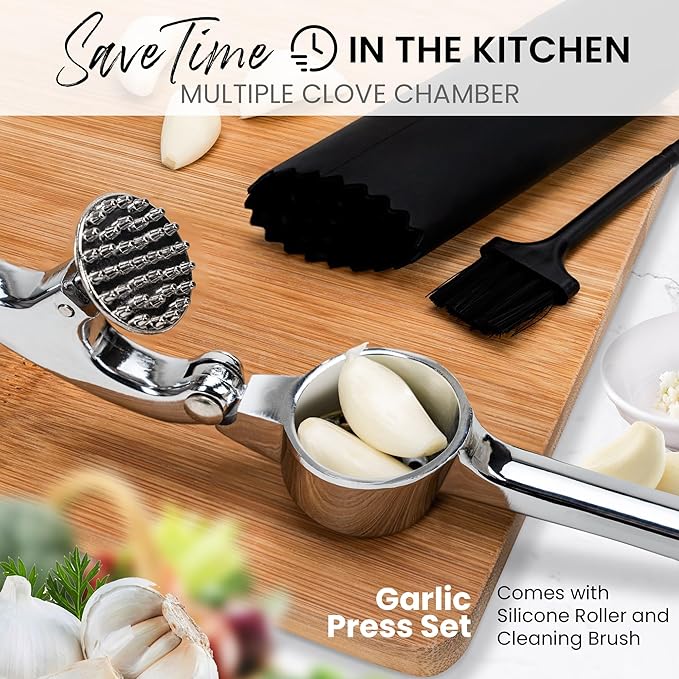 Premium Garlic Press, Garlic Mincer Set of 3 with Silicone Roller Peeler & Cleaning Brush, Extremely Durable Garlic Crusher, Ergonomic Handle, Extracts Most Garlic Paste Per Clove