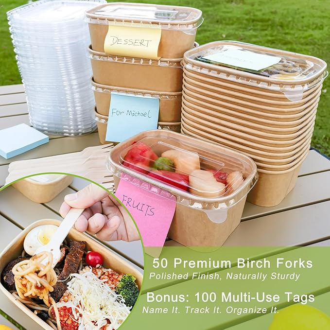 MINCOCO 50 Count Disposable Paper Bowls with Lids Meal Prep Containers 【Includes 50 Wooden Forks + 100 Labels】 Salad Food Containers Freezer & Microwave Safe Leakproof Soup Bowls (25 Ounce, 50-Count)