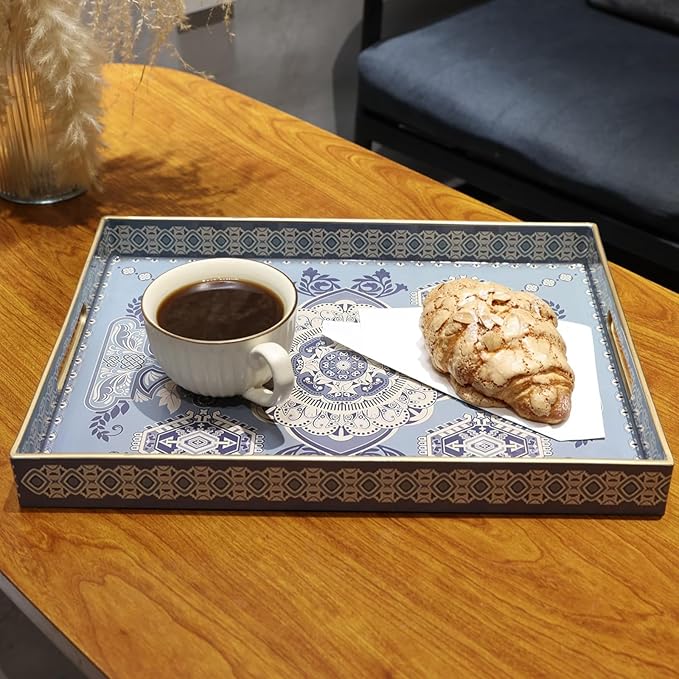 Rectangle Plastic Serving Tray with Handles, Elegant Decorative Tray for Coffee Table, Ottoman, Living Room, Kitchen, Outdoor Use. 12"*16"*1.6" B