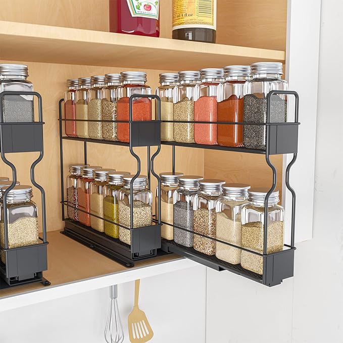 SpaceAid Pull Out Spice Rack Organizer with 20 Jars for Cabinet, Slide Out Seasoning Kitchen Organizer, Cabinet Organizer, with Labels, 5.2" W x10.75 D x10 H, 2 Drawers 2-Tier