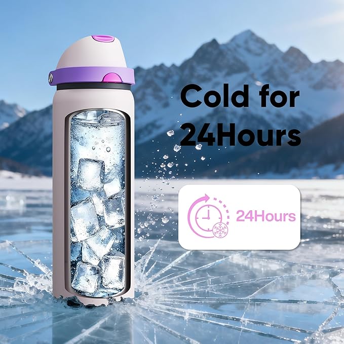 Insulated Water Bottle with Straw - Encool Stainless Steel Water Bottle with Push Button Lid, Leak-Proof & BPA-Free, Keeps Cold for 24 Hours for Sports, Travel, Gym (32 oz, Oyster Pink)