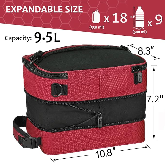 Tirrinia Expandable Insulated Lunch Bag for Men Women – Leakproof Reusable Cooler LunchBox for Kids & Adults with Shoulder Strap, Perfect for Work, School, Office, Travel,Red