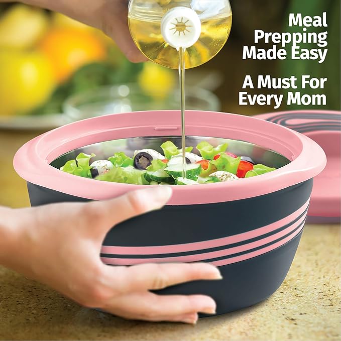 Pinnacle Insulated Casserole Dish with Lid 3 pc. Set 2.6/2/1 qt. Hot Pot Food Warmer/Cooler –Thermal Soup/Salad Serving Bowl- Stainless Steel Hot Food Container–Best Gift Set for Moms –Holidays Pink
