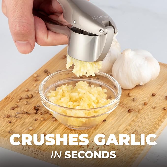 Zulay Kitchen Large Premium Garlic Press Set – Rust Proof & Dishwasher Safe, Bigger Bowl Garlic Mincer Tool with Silicone Garlic Peeler & Brush, Easy Squeeze & Clean, Ergonomic Handle - Silver