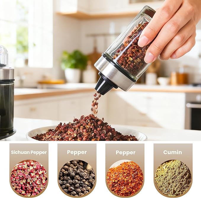 Mlici Oil and Vinegar Dispenser Set of 6 Bottles, Stainless Steel Salt Pepper Holder with 360° Rotating Holder, Cruet Soy Sauce - Premium Glass Condiment for Kitchen, Tabletop, Kitchen Containers